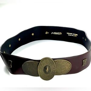 Vintage Avignon Genuine Leather Brown Belt with Ornate Brass, made in the USA
